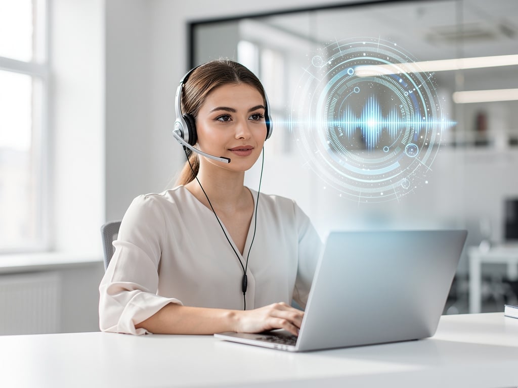 Customer support agent wearing headset using laptop with digital voice recognition waveform interface