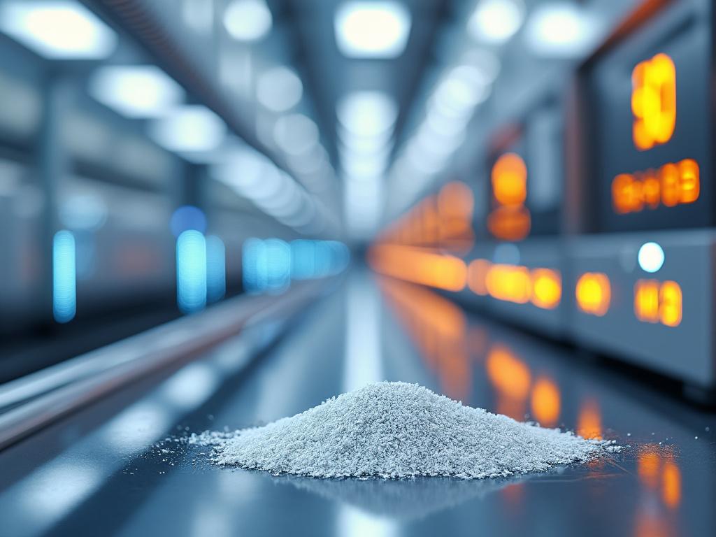 Montón de polvo blanco sobre una cinta transportadora en una fábrica iluminada con luces azules y naranjas.
