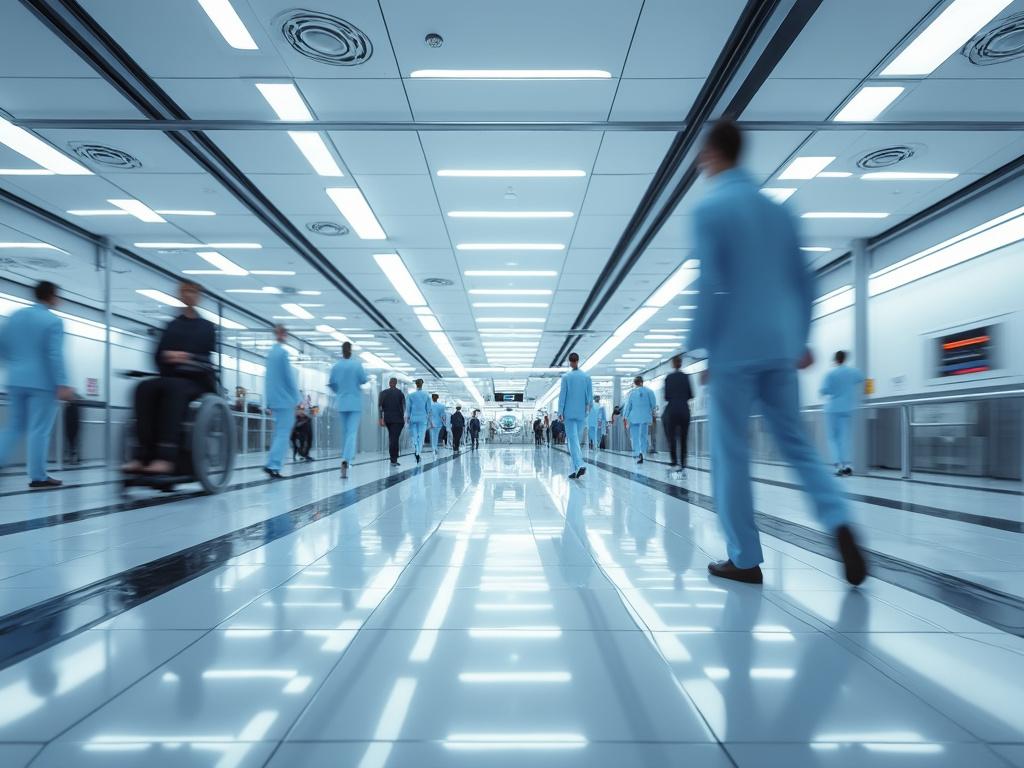 Personas en movimiento en un pasillo moderno iluminado con techo blanco y piso reflectante.