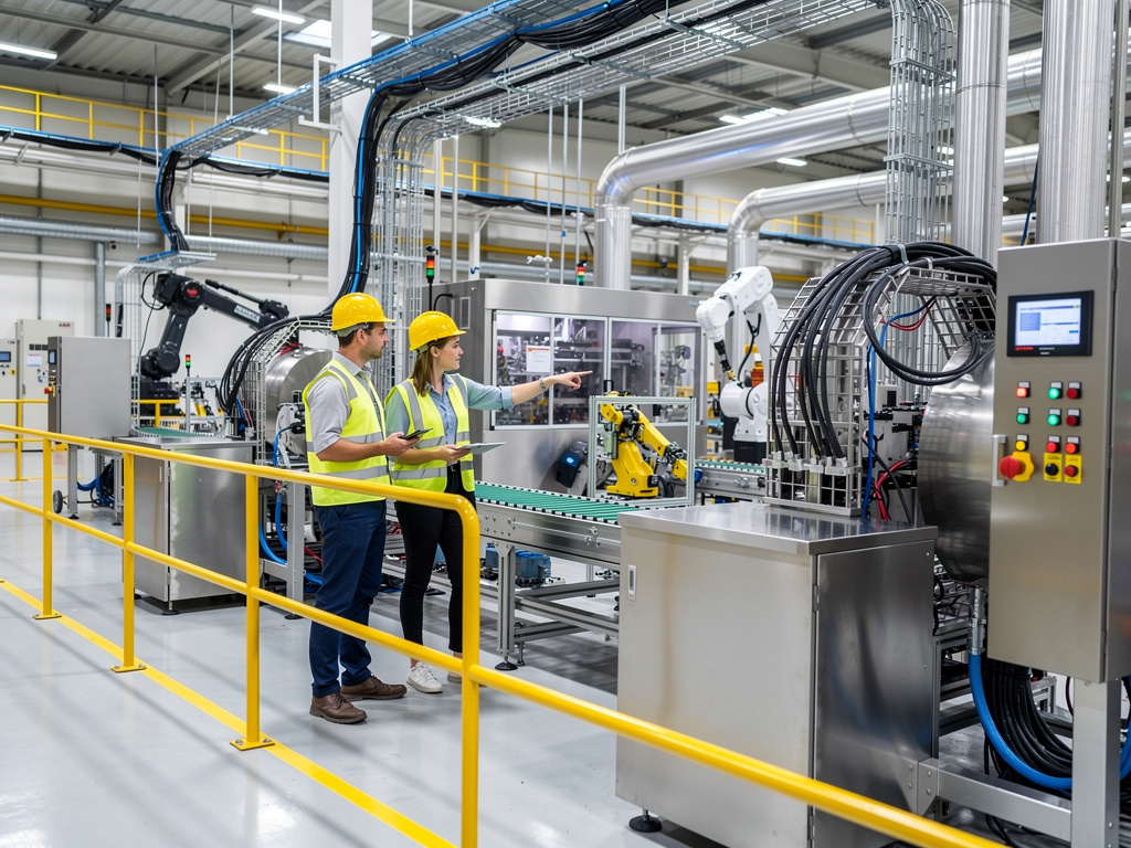 Ingenieros con cascos inspeccionan línea de producción automatizada con robots industriales en fábrica moderna