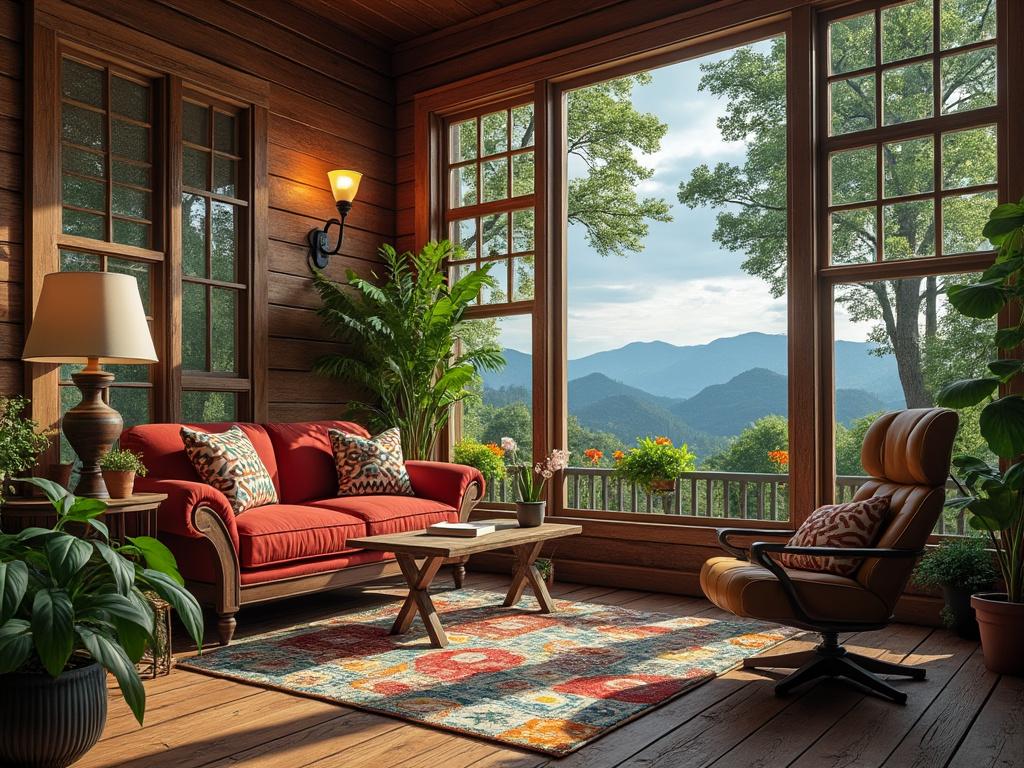 Cozy sunlit living room with red sofa, patterned rug, and large windows overlooking a mountain view.