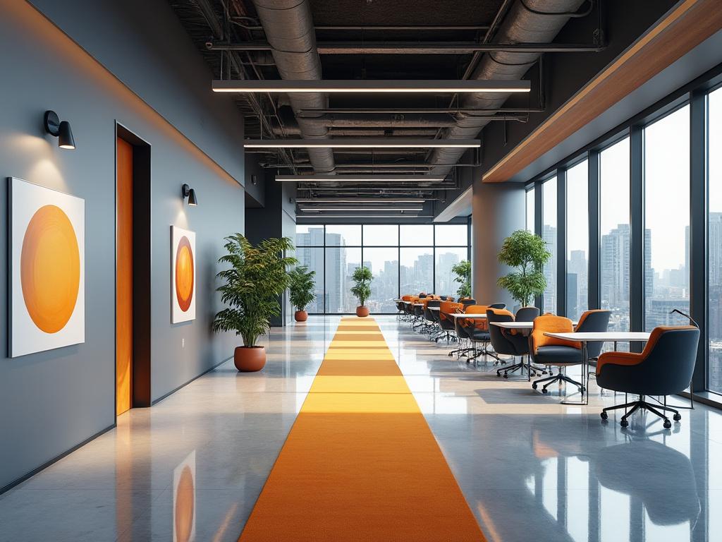 Moderno espacio de oficina con sillas naranjas, plantas en macetas, y grandes ventanales con vista a la ciudad. Moderno espacio de oficina con sillas naranjas, plantas en macetas, y grandes ventanales con vista a la ciudad.