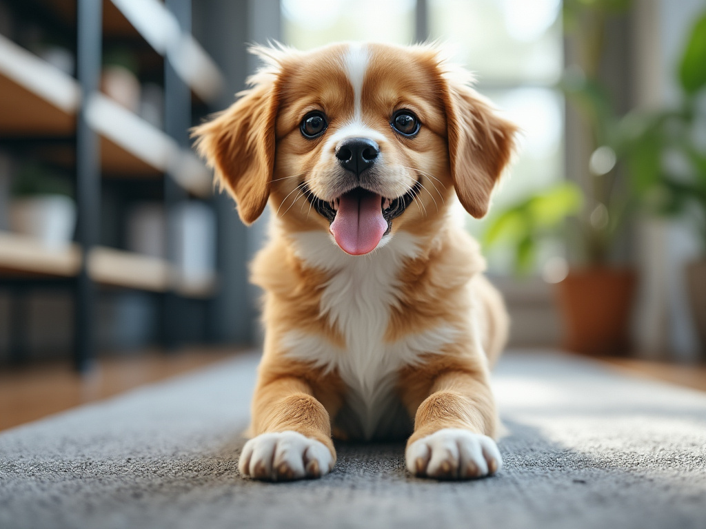 Perro cachorro feliz sobre alfombra en sala iluminada con plantas.