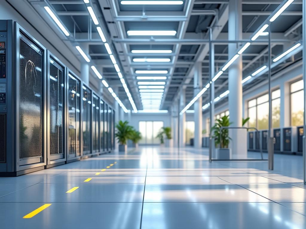 Centro de datos moderno con servidores y plantas decorativas, iluminación LED en el techo y un pasillo amplio.