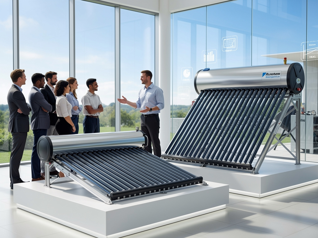 Exhibición de calentadores solares de tubos evacuados con grupo de profesionales en showroom moderno