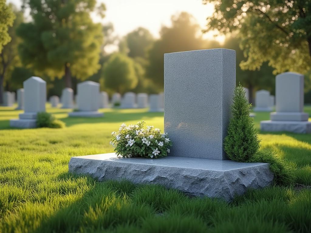 A serene cemetery scene with a gravestone surrounded by green grass, white flowers, and trees under a warm sunset glow.