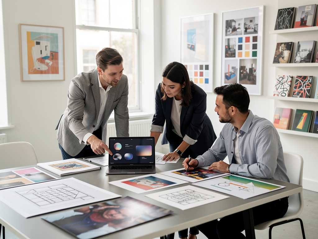 Equipo de diseñadores en reunión creativa revisando paletas de color, planos y proyectos gráficos en una oficina moderna