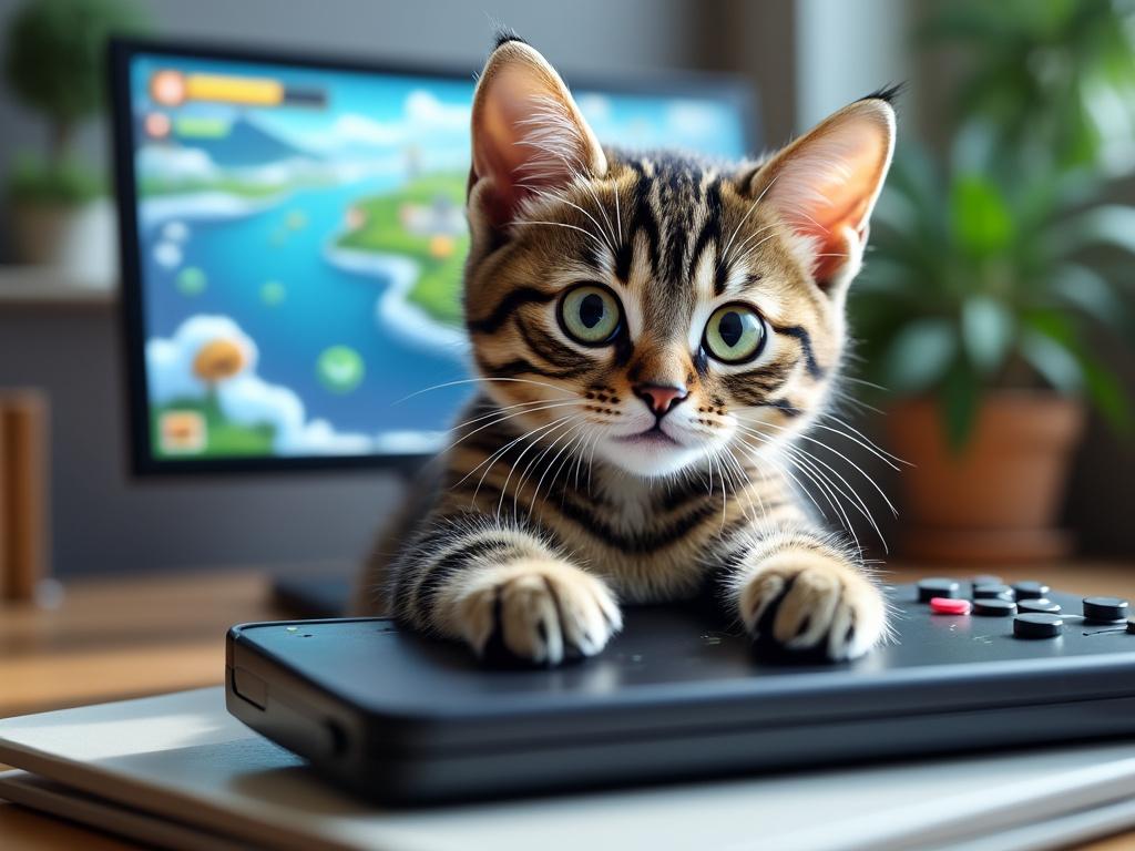 Cute tabby kitten playing on a gaming console with a colorful game on TV in the background.