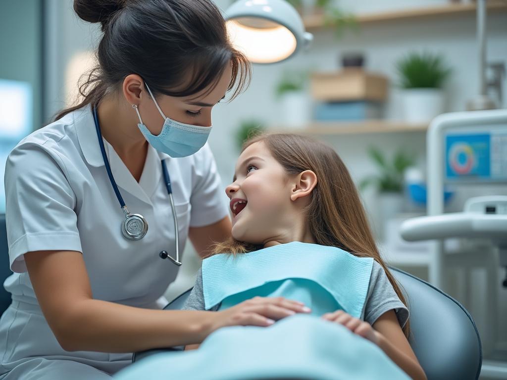 Dentista hablando con una niña en un consultorio dental moderno.