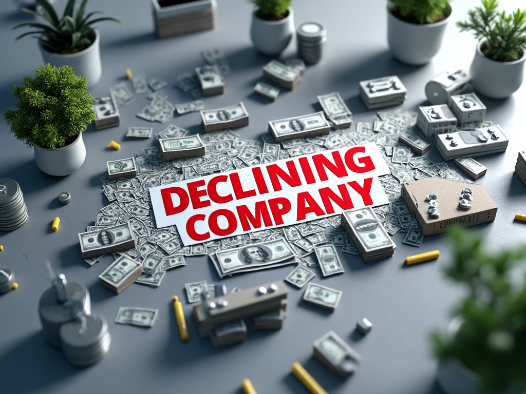 Cartel de 'Declining Company' rodeado de billetes y plantas en una mesa.