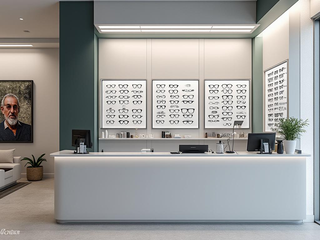 Recepción de una óptica moderna con exhibiciones de lentes y decoración minimalista.