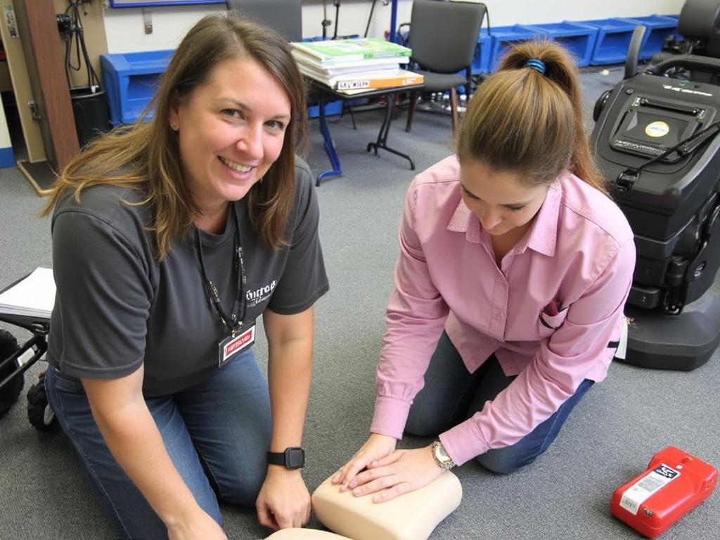 Two women practicing CPR chest compressions on a dummy during a training session in a classroom setting. Two women practicing CPR chest compressions on a dummy during a training session in a classroom setting.
