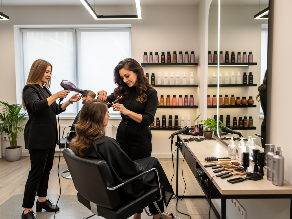 Peluqueras profesionales peinando a una clienta en salón de belleza moderno con productos capilares y herramientas de estilismo