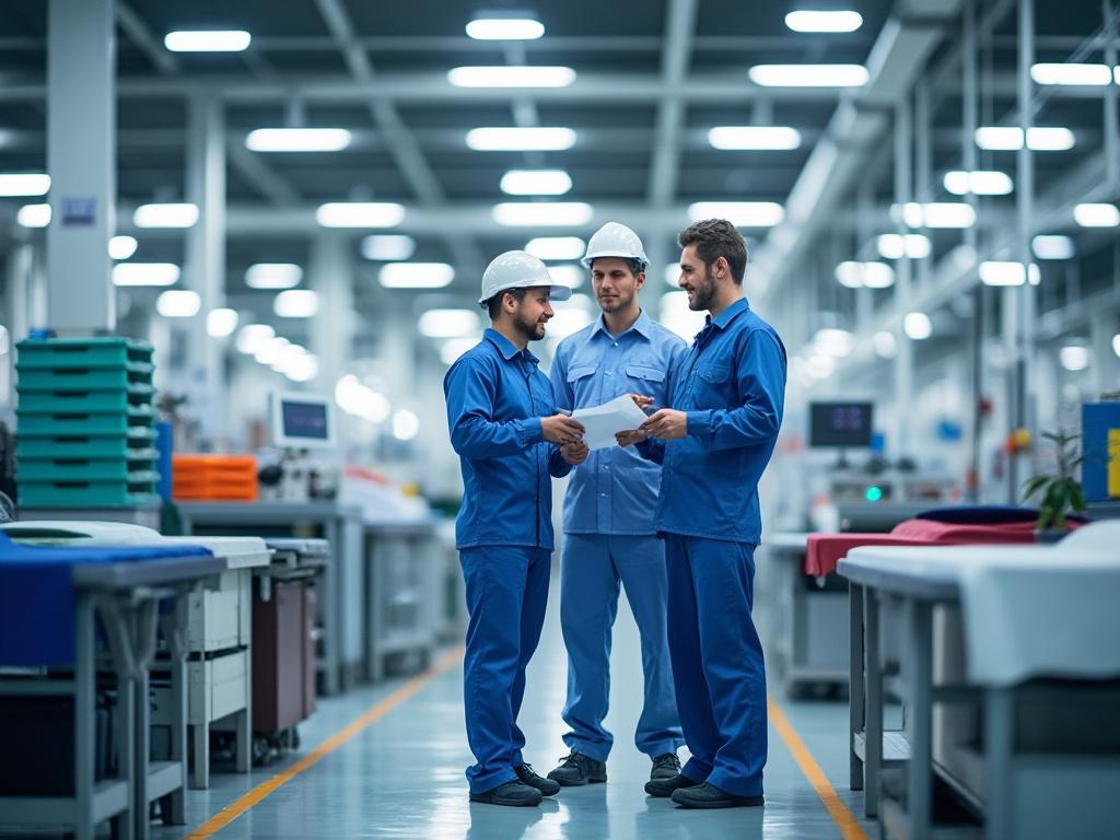 Trabajador en una fábrica moderna usando una laptop junto a una máquina industrial, con equipo de protección y ambiente bien iluminado.
