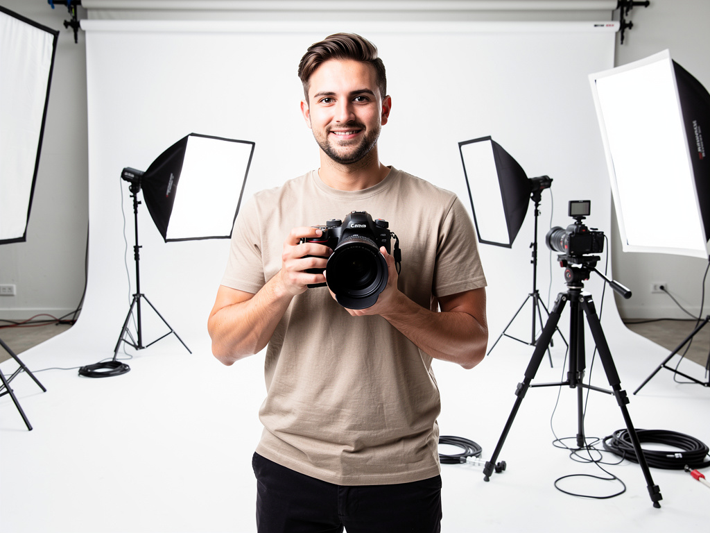 Smiling photographer holding a DSLR camera in a professional studio with softbox lighting and tripod setup