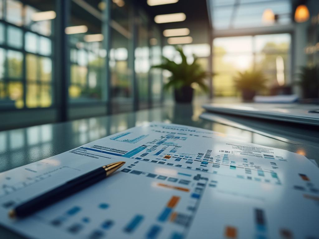 Close-up of financial documents with a pen on a table in a modern office setting with blurred green plants and large windows in the background.