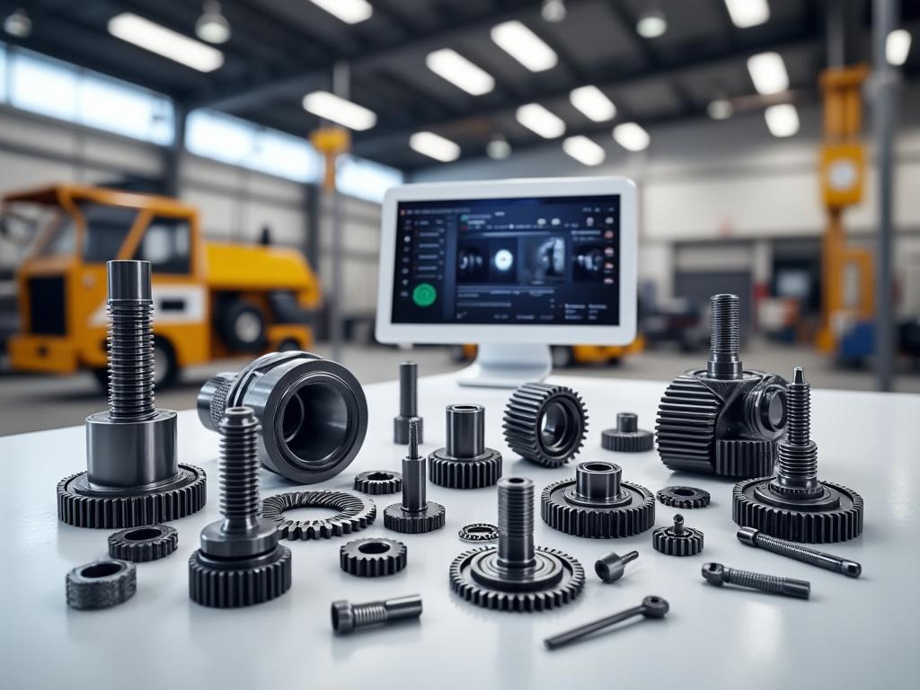 Mesa de trabajo con engranajes metálicos y monitor mostrando diseño en taller industrial.