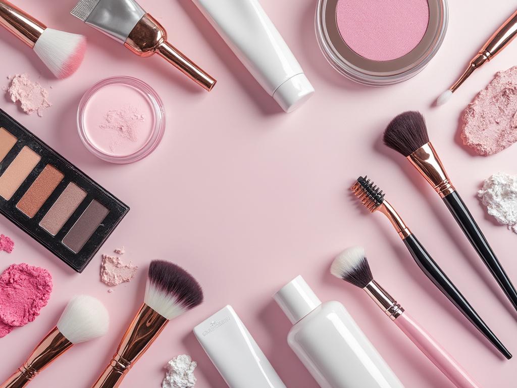 Productos de maquillaje sobre fondo rosa incluyendo pinceles, paleta de sombras y polvos compactos.
