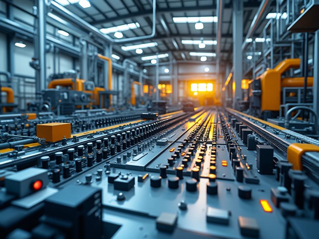 Línea de ensamblaje industrial moderna con máquinas automáticas y luces, en una fábrica iluminada por el sol al atardecer.