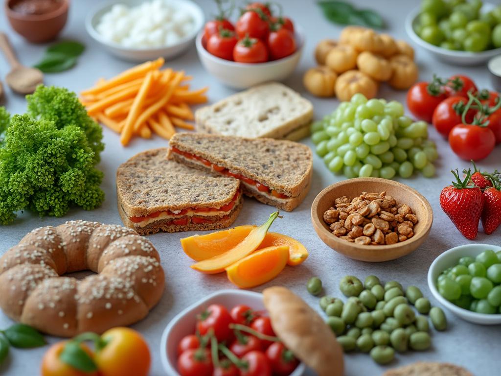 Variedad de alimentos en una mesa: sándwiches, frutas, verduras, y bollos.