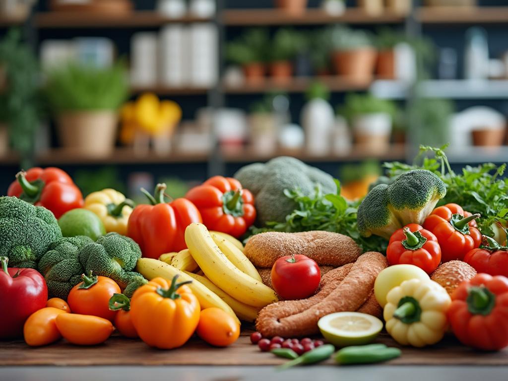 Variedad de frutas y verduras frescas como pimientos, plátanos, brócoli y tomates sobre una mesa.