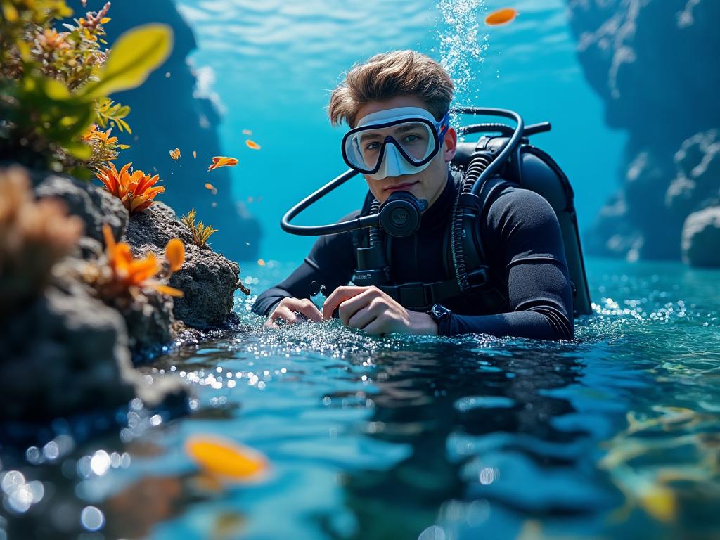 Buceador con traje de neopreno explorando un arrecife bajo el agua claro, rodeado de corales y peces anaranjados.