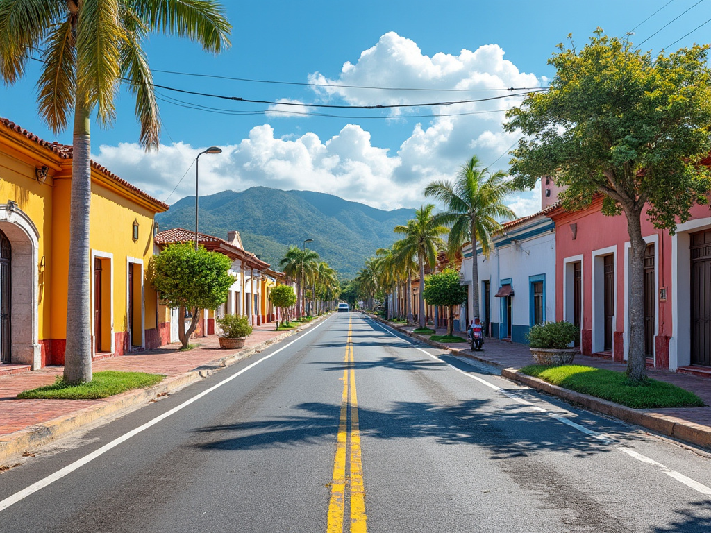 Calle empedrada con casas coloridas y palmeras en un pueblo, con montañas al fondo y cielo azul con nubes.