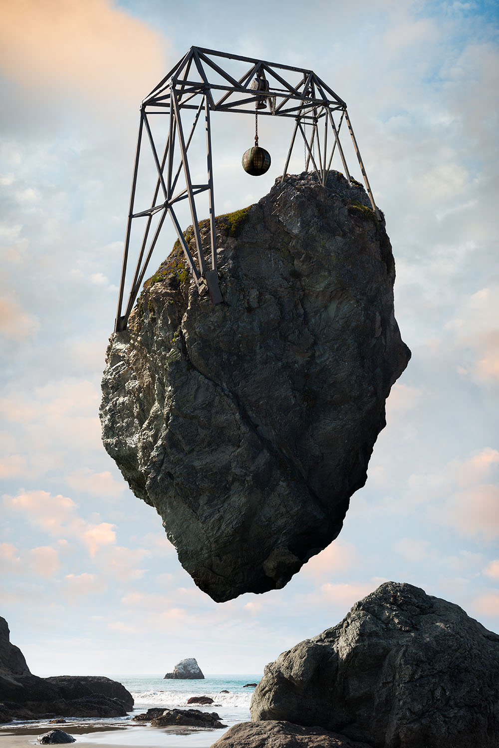 Magritte inspired image of massive rock with iron beam structure floating in sky above ocean shoreline.