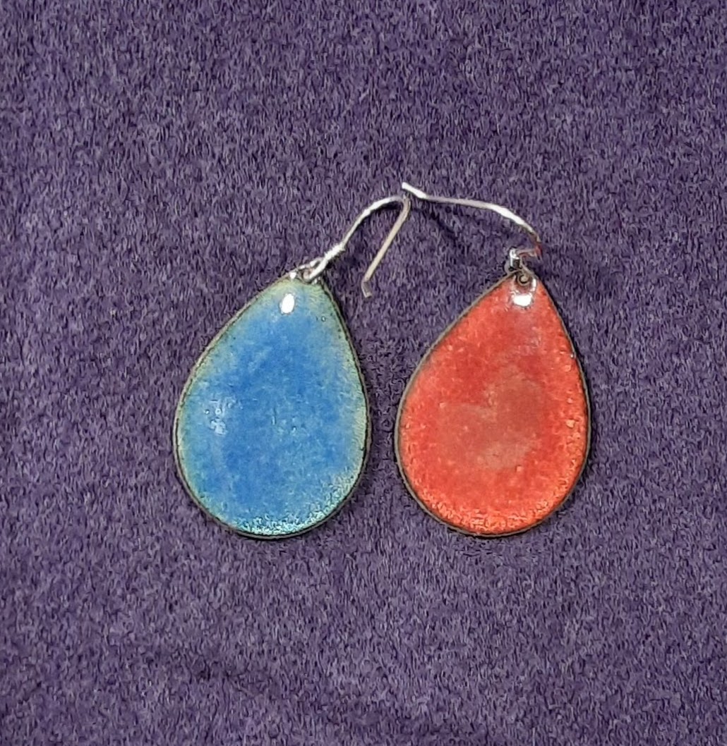 JE002 TEAR DROP RED-BLUE Kiln Fired Copper Enamel with sterling earwires