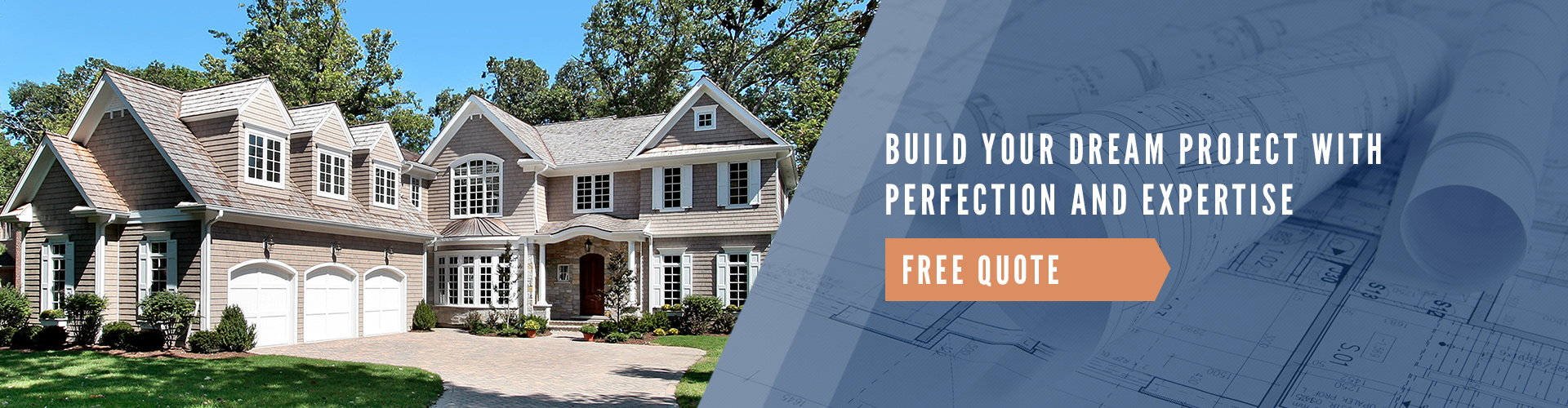 Luxurious two-story house with a three-car garage and a promotional text overlay offering a free quote for building projects.