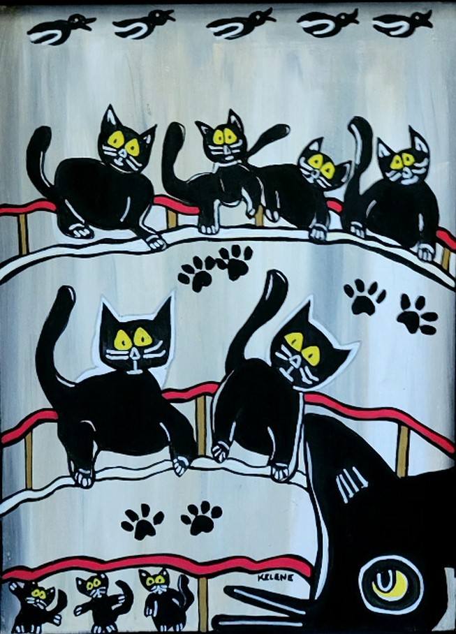 Title Kats gone wild. 12 x 14 acrylic on wood. Kelene 2022 NFS