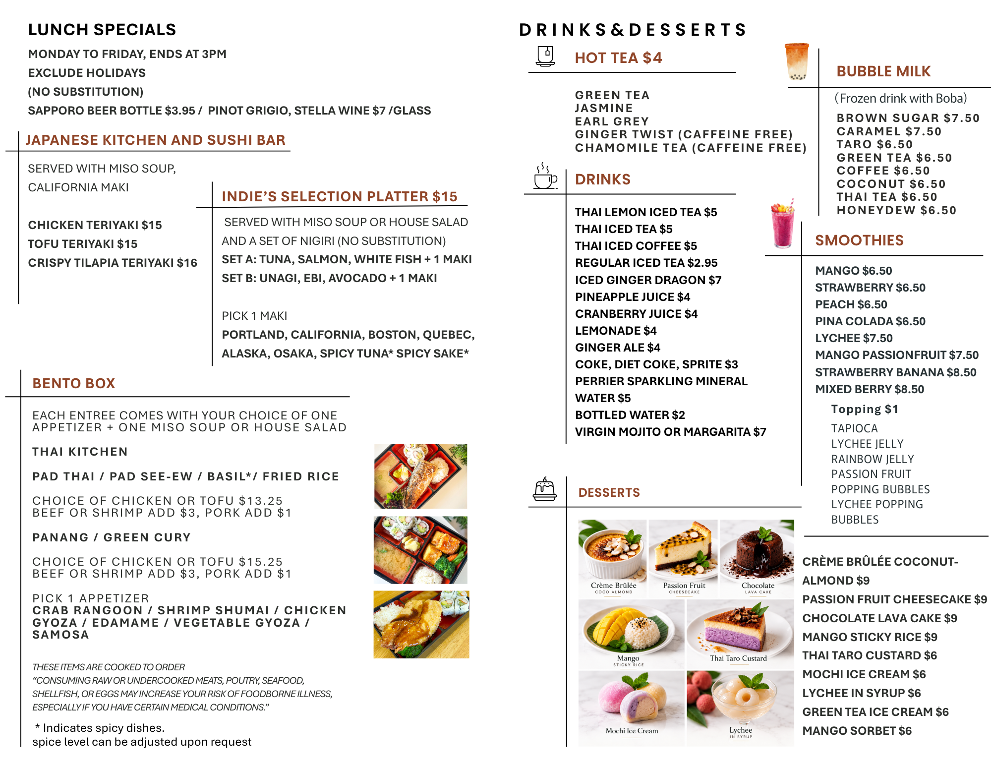 Japanese Thai restaurant menu featuring lunch specials, bento boxes, sushi platters, drinks, bubble milk tea, smoothies, and dessert options