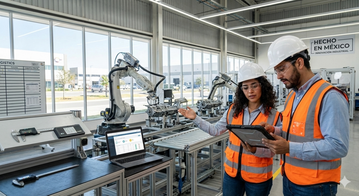 Dos personas conversando en un entorno de oficina moderna con laptop y plantas en el fondo.