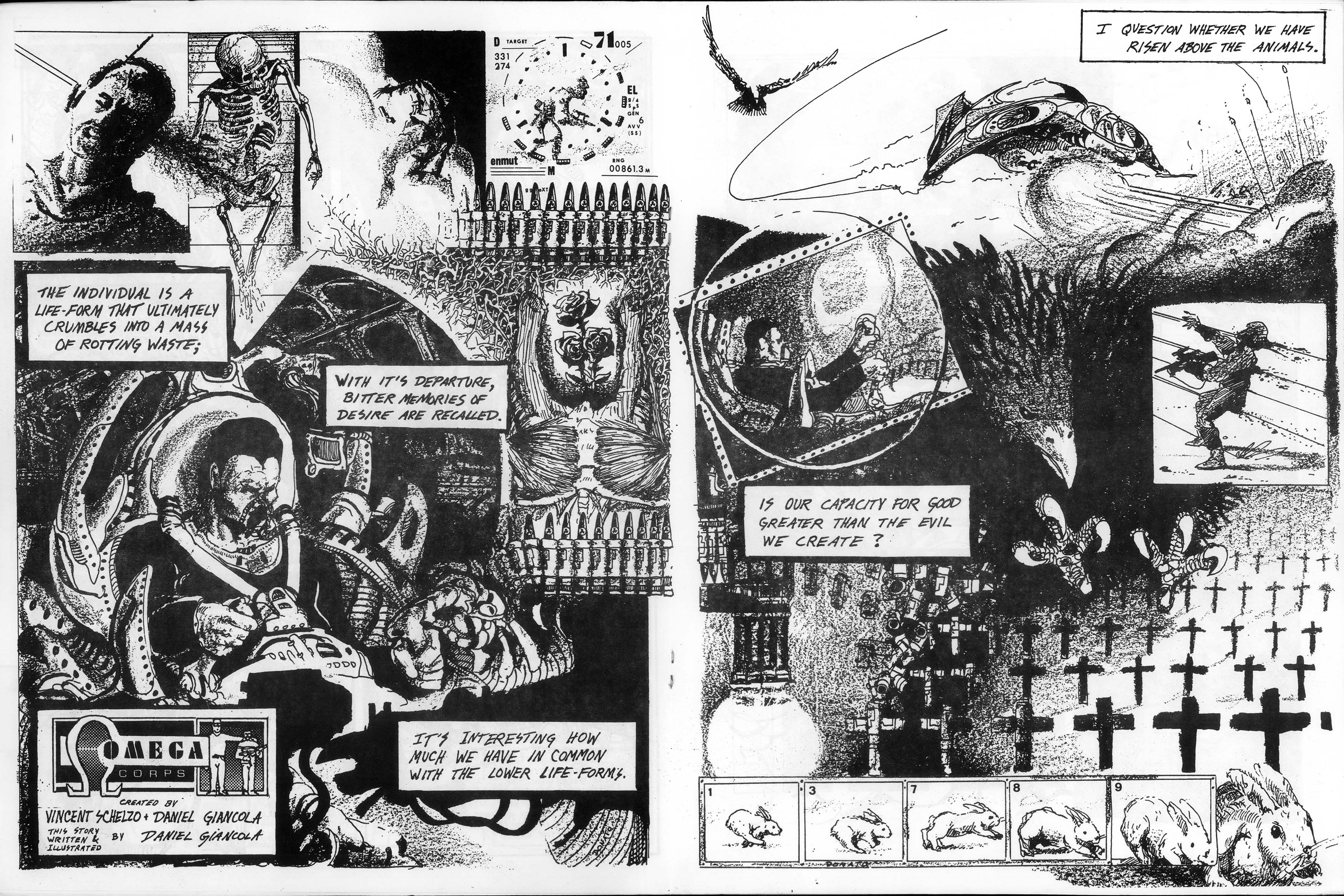 Omega Corps
2 page comic
20" x 15" each
ink, pencil, and china crayon on illustration board
1990
$3000 set