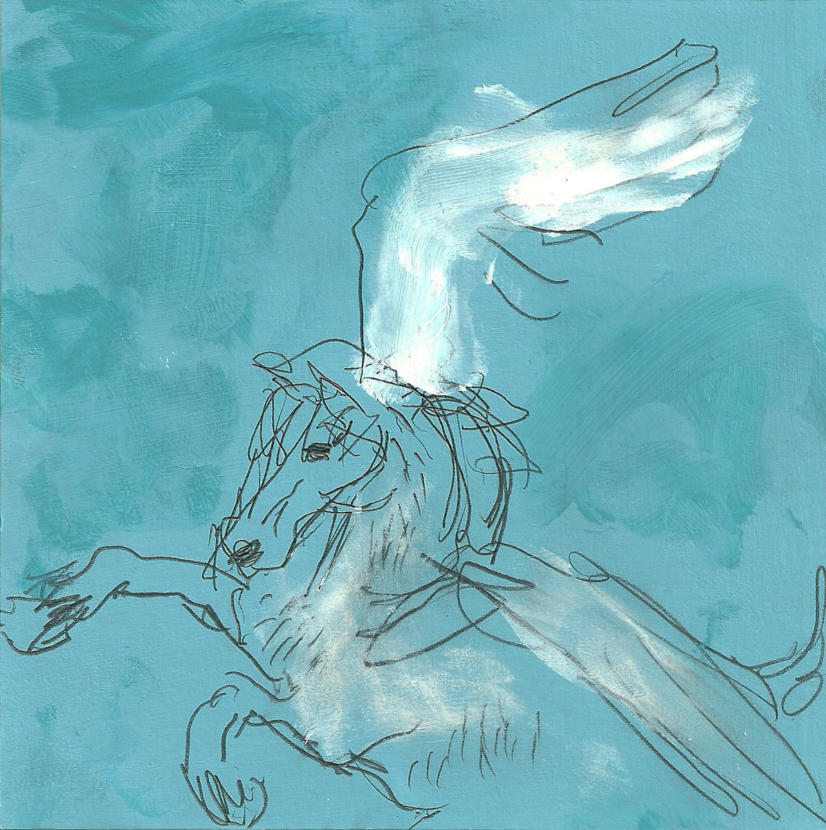 A pencil and painted drawing of a winged horse on a turquoise background.