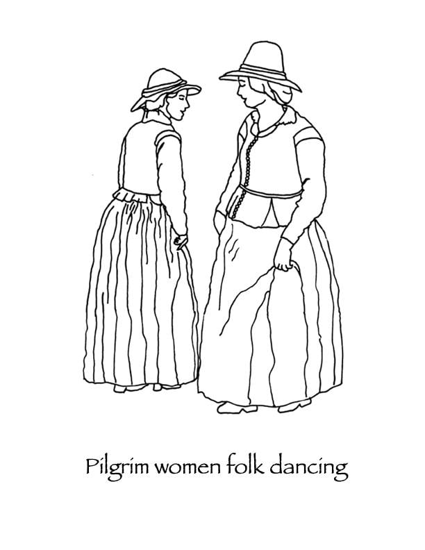 Pilgrim women folk dancing Thanksgiving coloring page many hoops