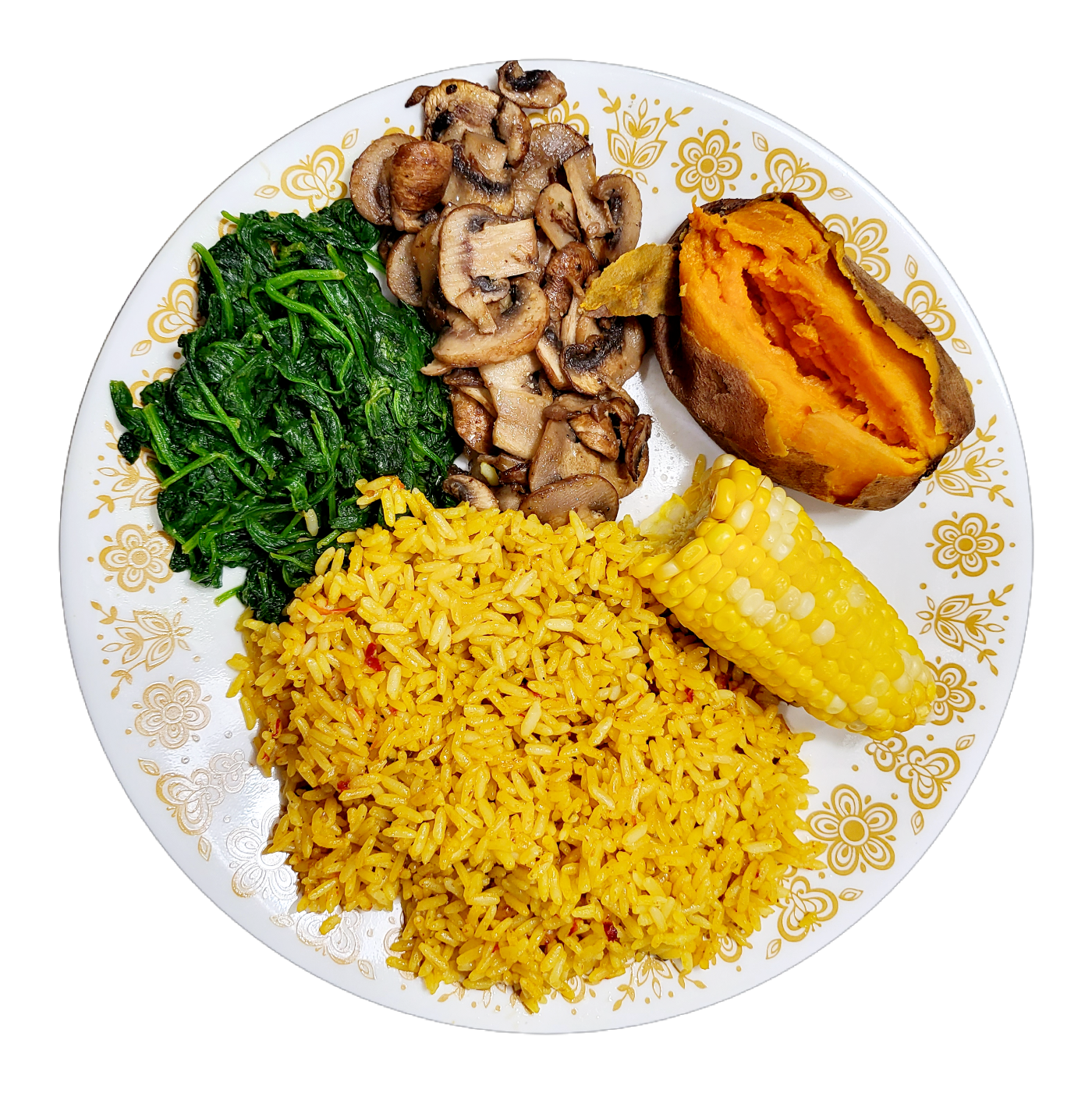 Rice, Corn, Sweet Potato, Mushrooms, Spinach