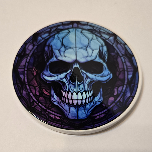 Round ceramic coaster stained glass skull design