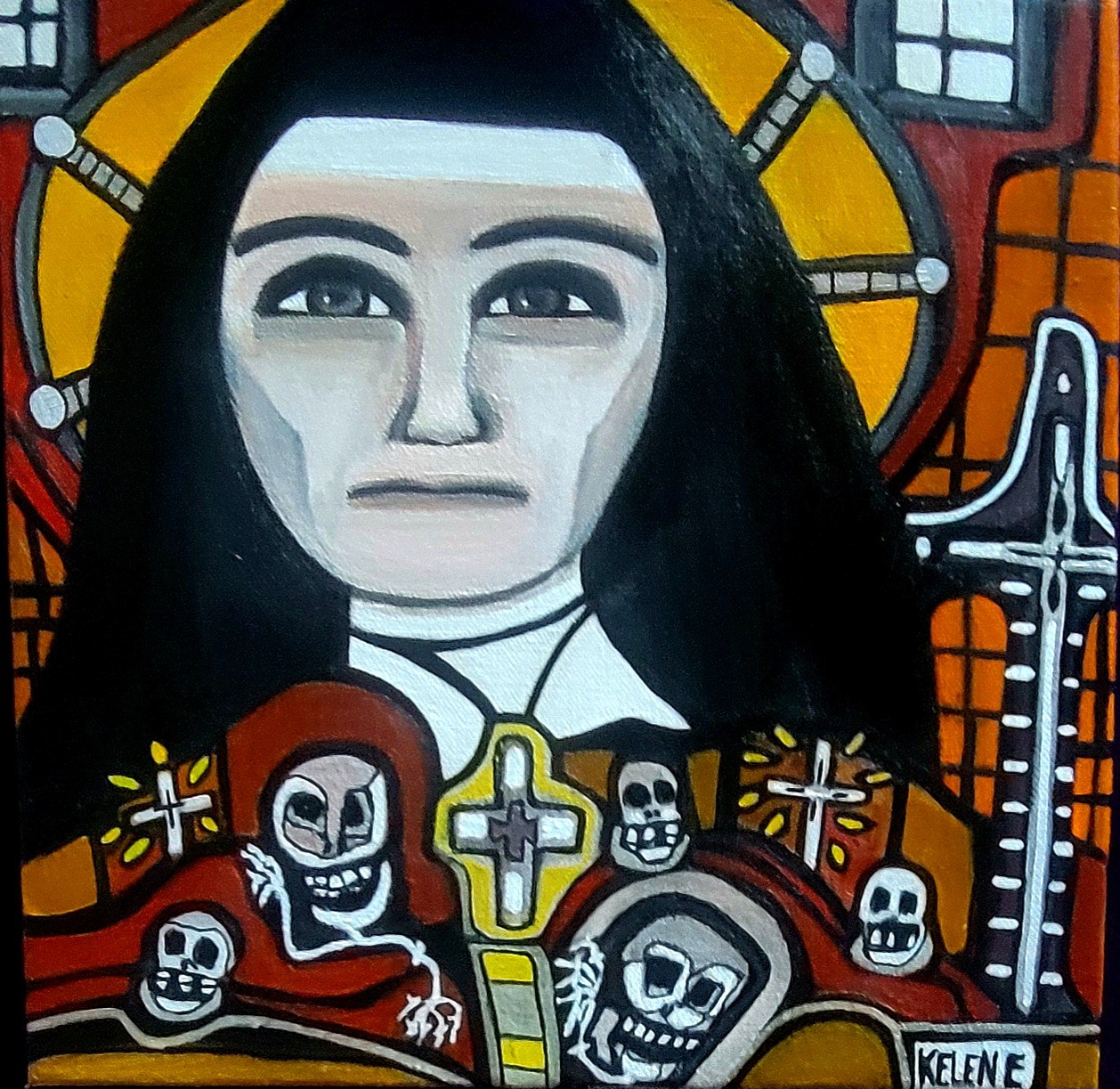 Title The skeletons are going home. 12 x 12 acrylic on canvas Kelene 2025 $300.00