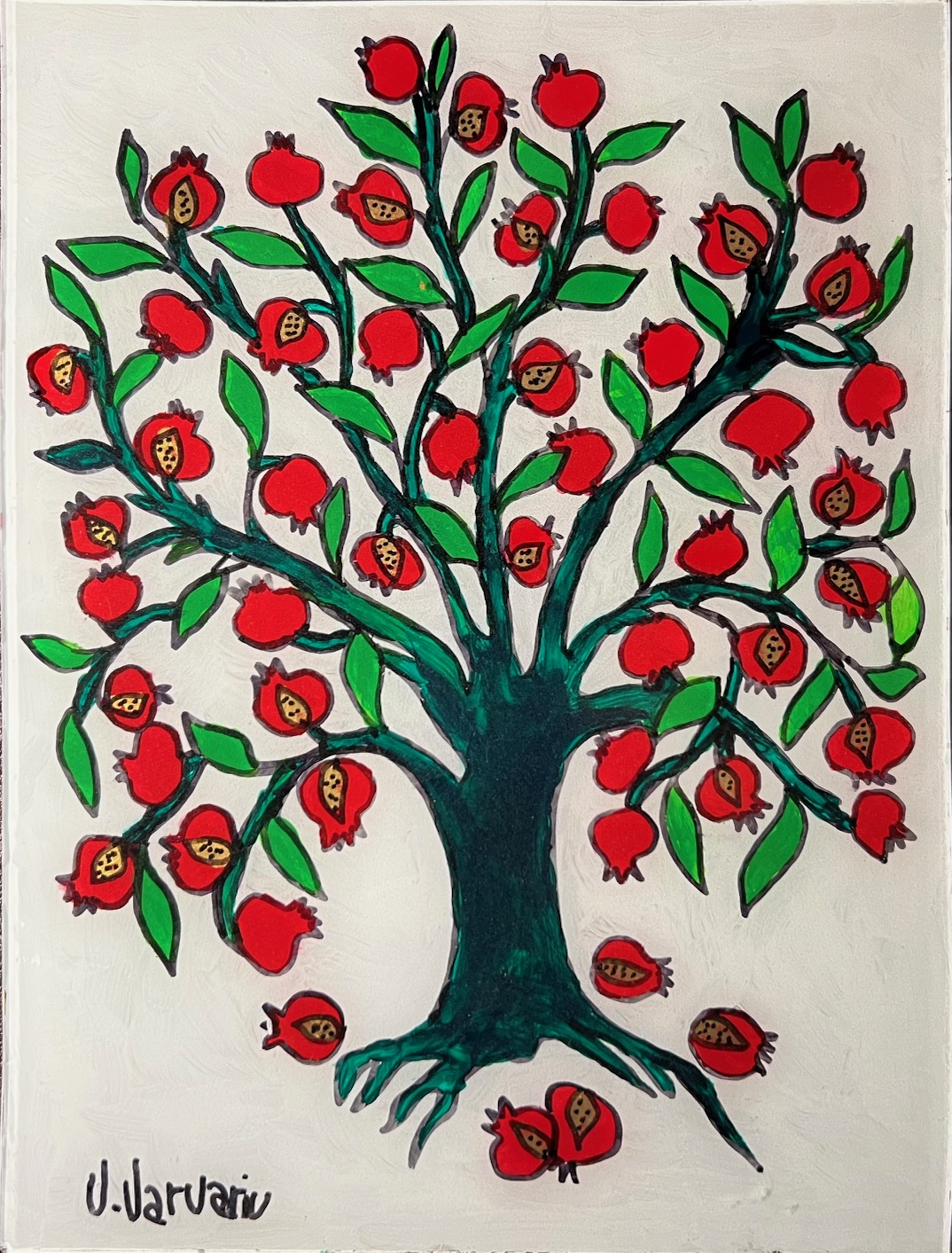 Varvariv, Tree of Pomegranates, 10" x 7.5" Mixed Media on Reverse Glass
