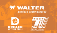 Logos of Walter Surface Technologies, Drillco Cutting Tools, and Triumph Twist Drill on orange background.