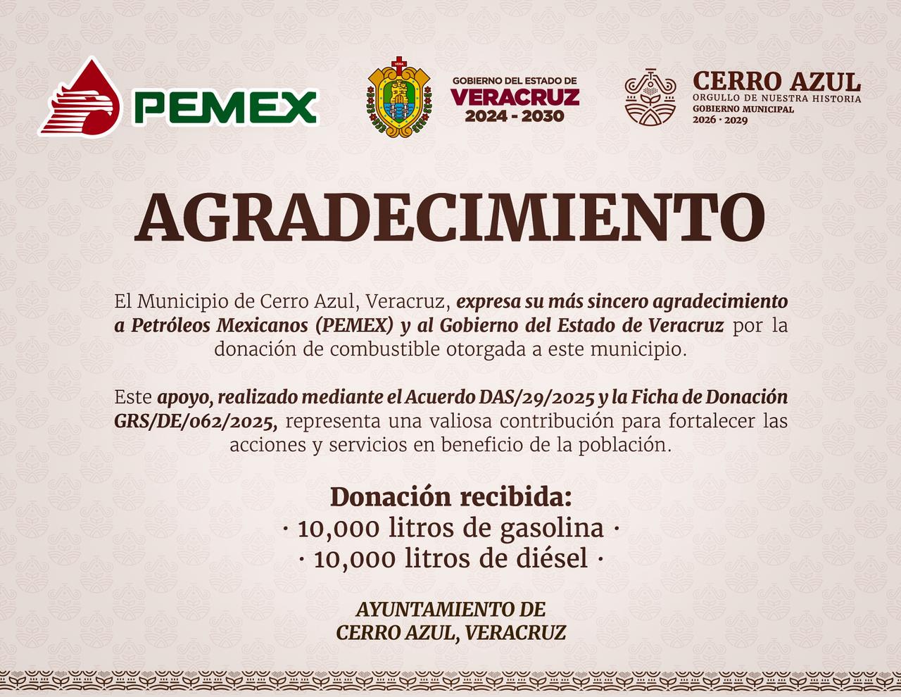 Certificado de agradecimiento del Ayuntamiento de Cerro Azul, Veracruz, a PEMEX por la donación de 10,000 litros de gasolina y 10,000 litros de diésel.