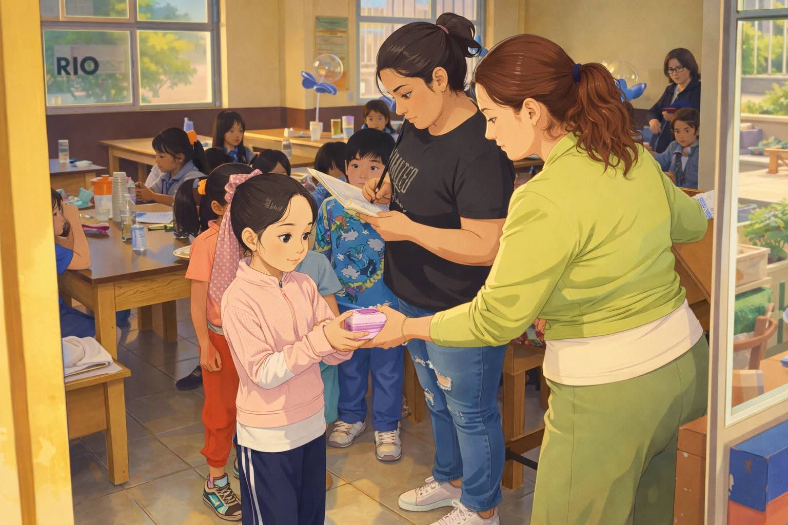 Profesora enseñando a niños en aula moderna con pizarras, mesas, bloques de colores y materiales educativos