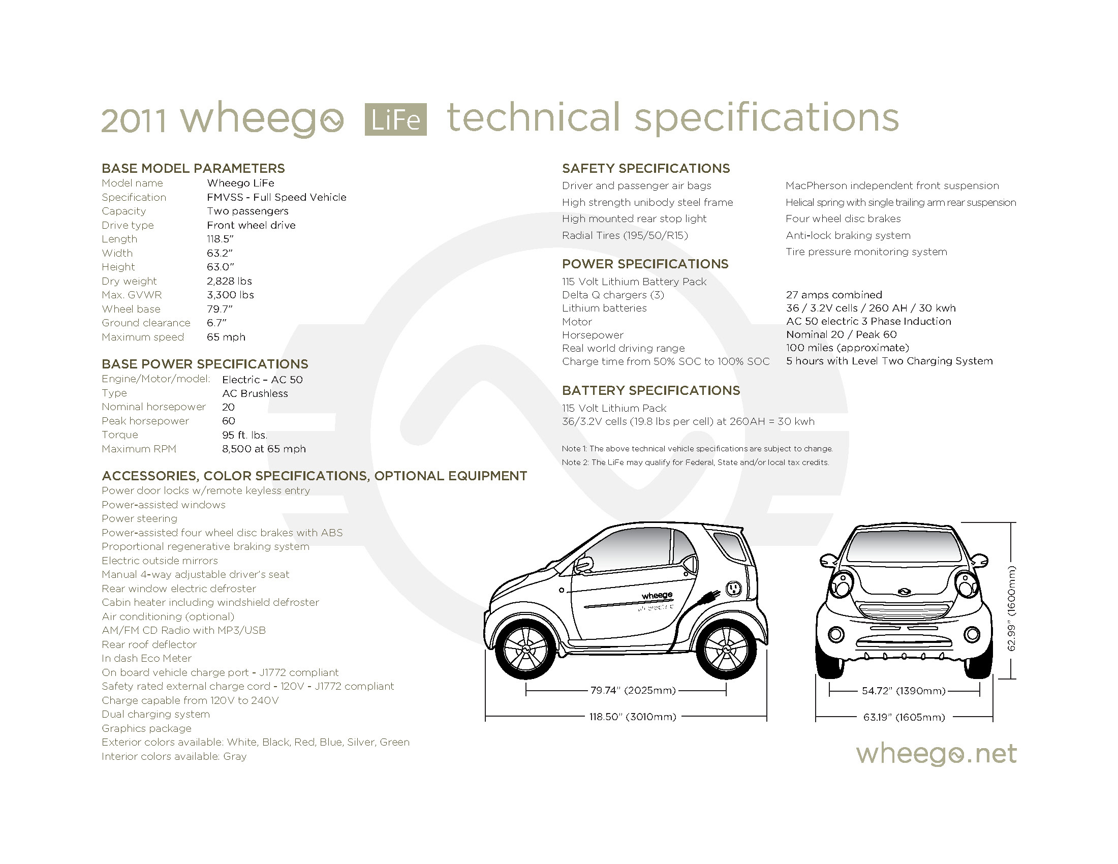 Wheego LiFe Technical Specs