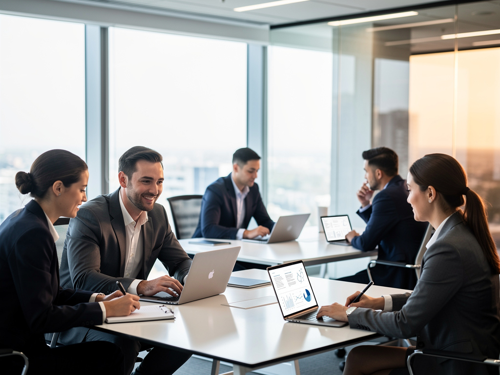 Equipo de profesionales en reunión de negocios en oficina moderna usando portátiles y analizando datos