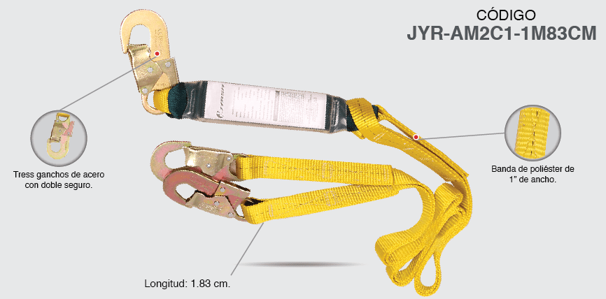 LINEA DE VIDA CON AMORTIGUADOR
DOBLE BANDA
Marca JYRSA
Modelo JYR-AM2C1-1M83CM