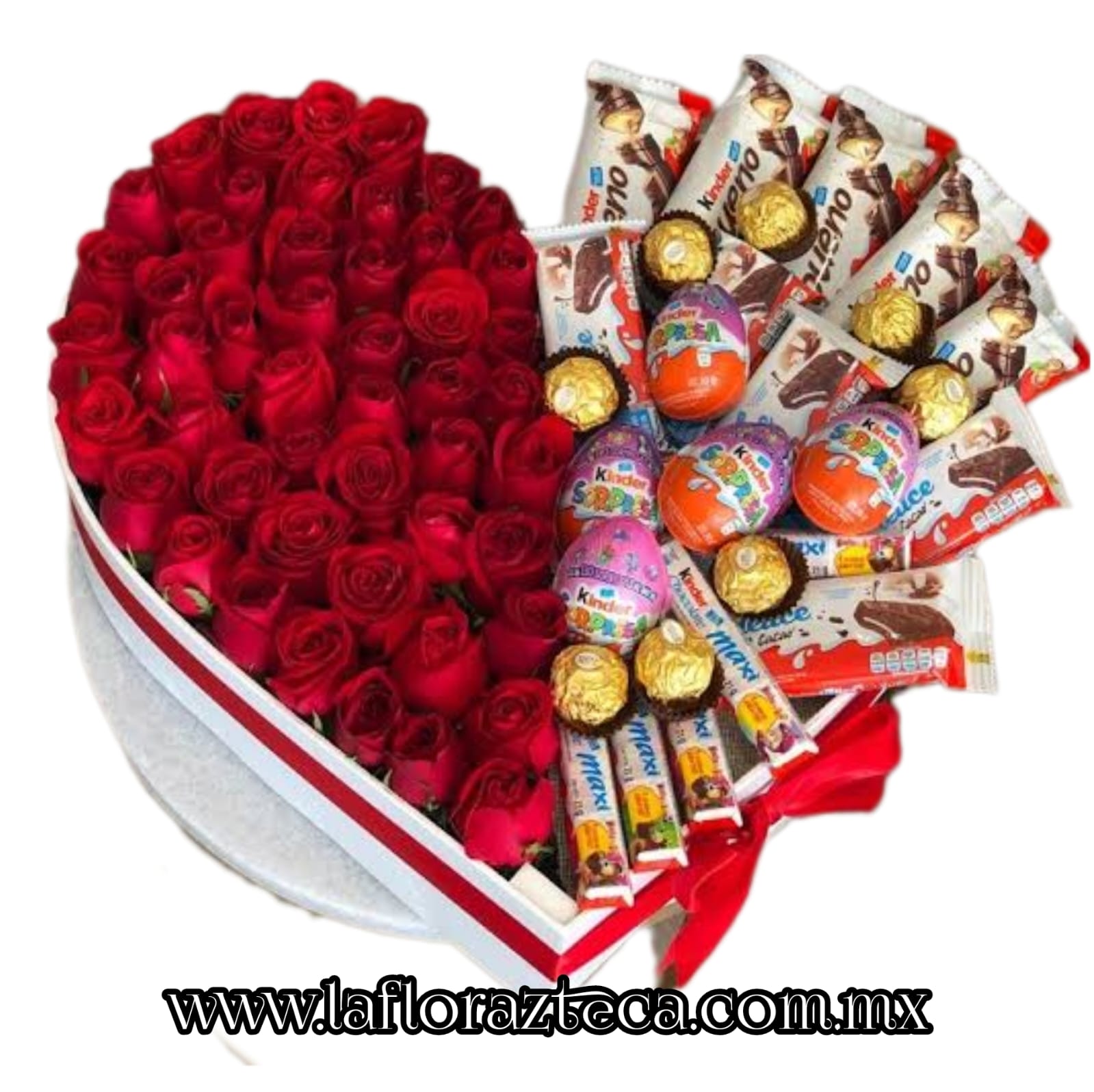 TOP - 7 $2,800
Caja corazón con 50 rosas rojas y 28 chocolates kinder surtido.