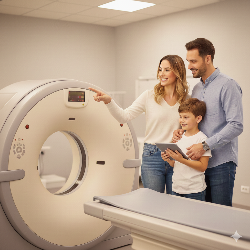 Máquina de resonancia magnética abierta Philips con un médico sosteniendo una taza, ideal para pacientes con obesidad, ansiedad o claustrofobia, texto en español promoviendo tecnología moderna en Culiacán.