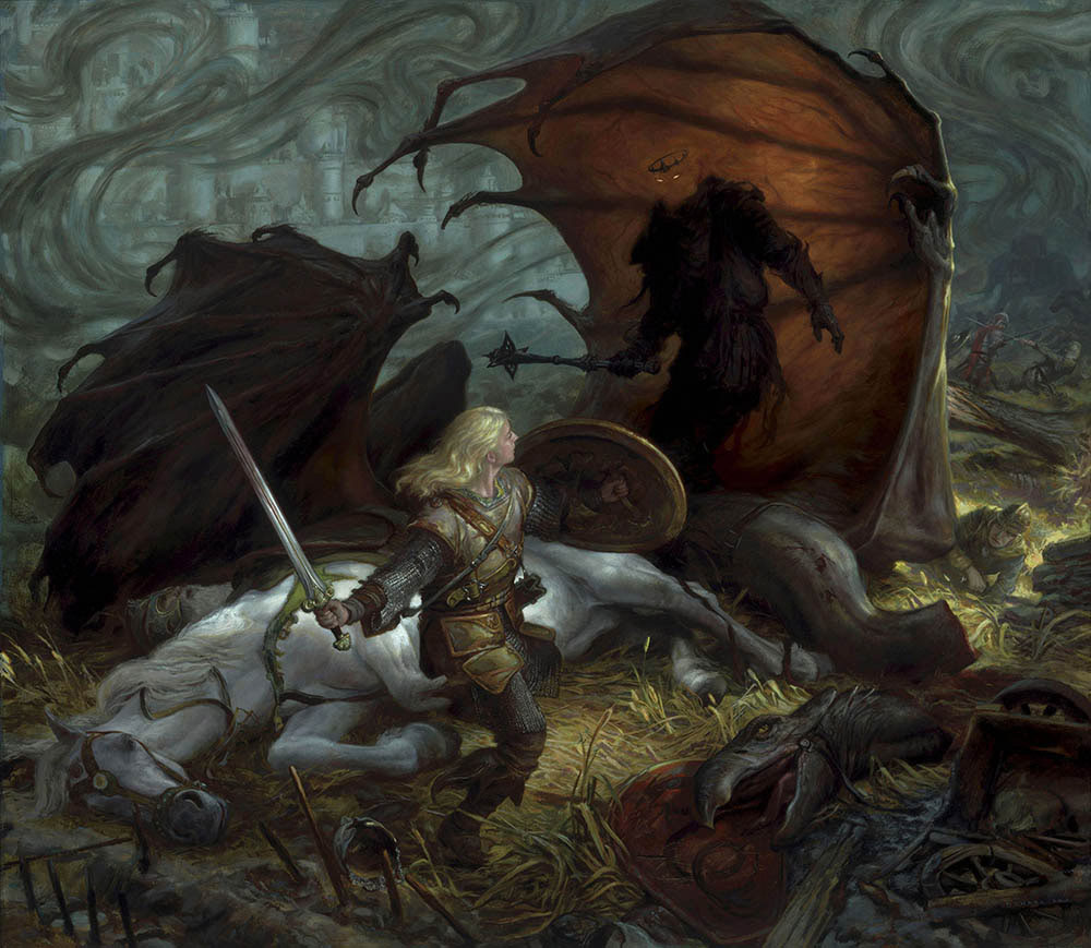 Eowyn and The Lord of the Nazgul
34" X 39"  Oil on Panel  2010
appearing in all editions of my books on Middle-earth art
collection of Greg Obaugh