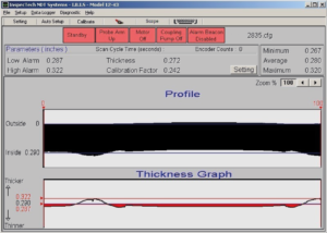 Typical operator screen showing the thickness and profile of the weld zone.